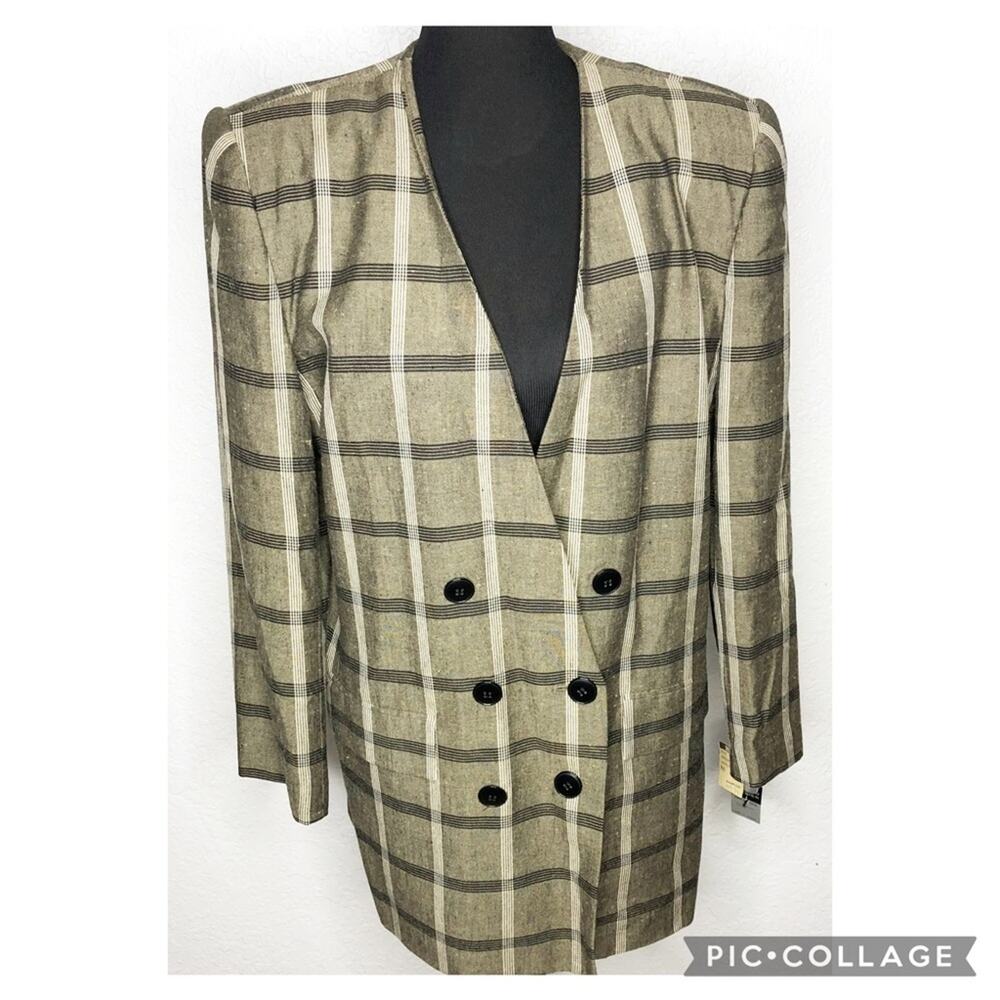 Stirling Cooper vintage tan black plaid linen blend long blazer size 14 NWT